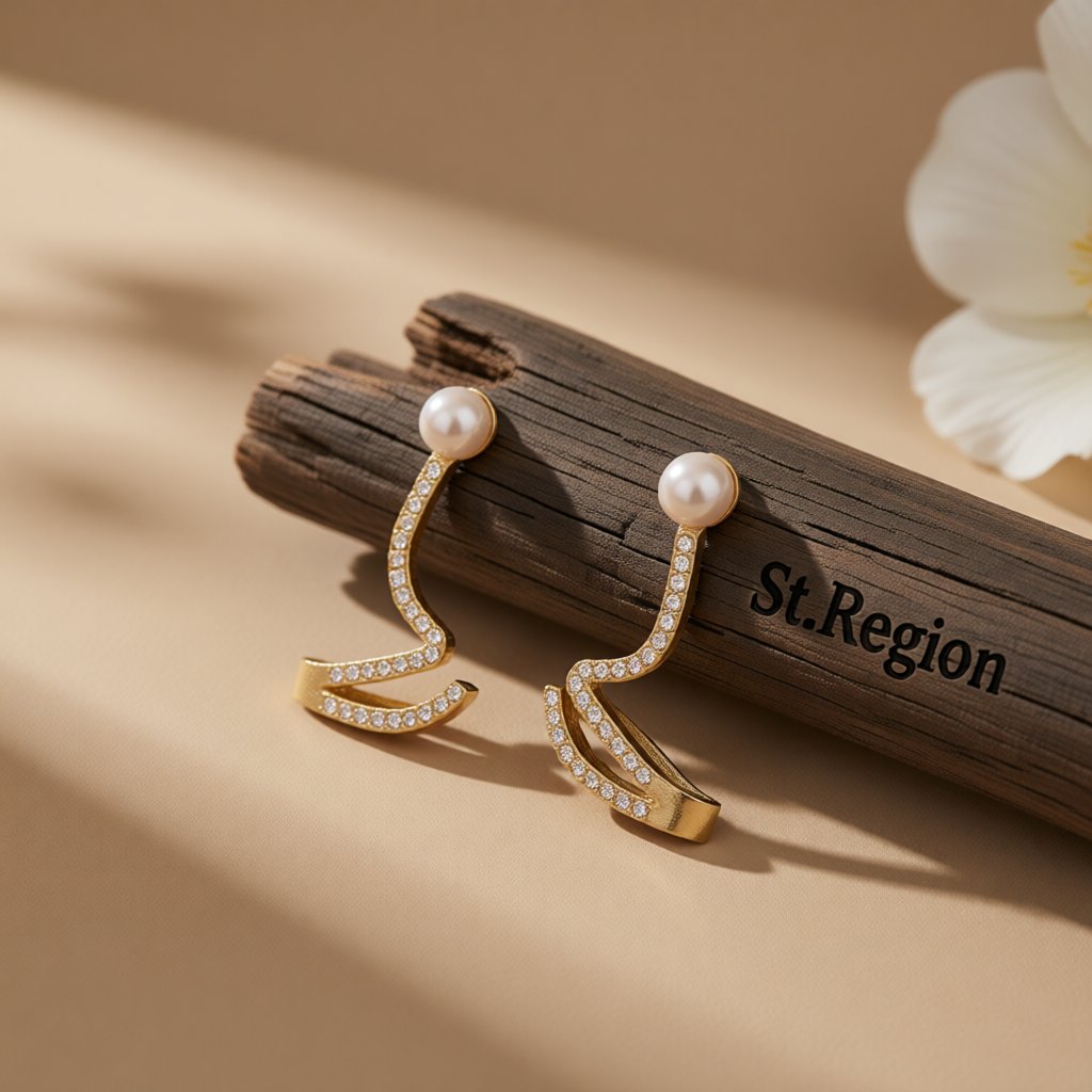 Cubic Zirconia and Pearl 18K Gold-Plated Wave Drop Earrings, everyday style, front view