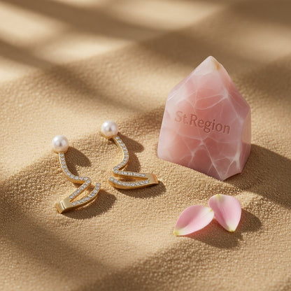 Cubic Zirconia and Pearl 18K Gold-Plated Wave Drop Earrings, everyday style, detail close-up