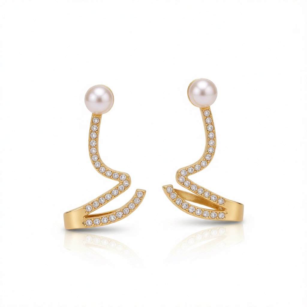 Cubic Zirconia and Pearl 18K Gold-Plated Wave Drop Earrings, everyday style, side view