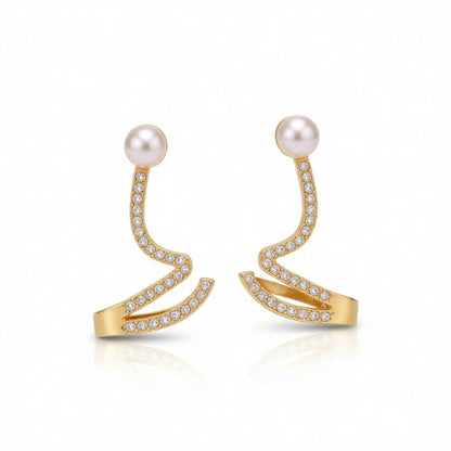 Cubic Zirconia and Pearl 18K Gold-Plated Wave Drop Earrings, everyday style, side view