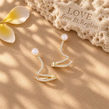 Cubic Zirconia and Pearl 18K Gold-Plated Wave Drop Earrings, everyday style, lifestyle look