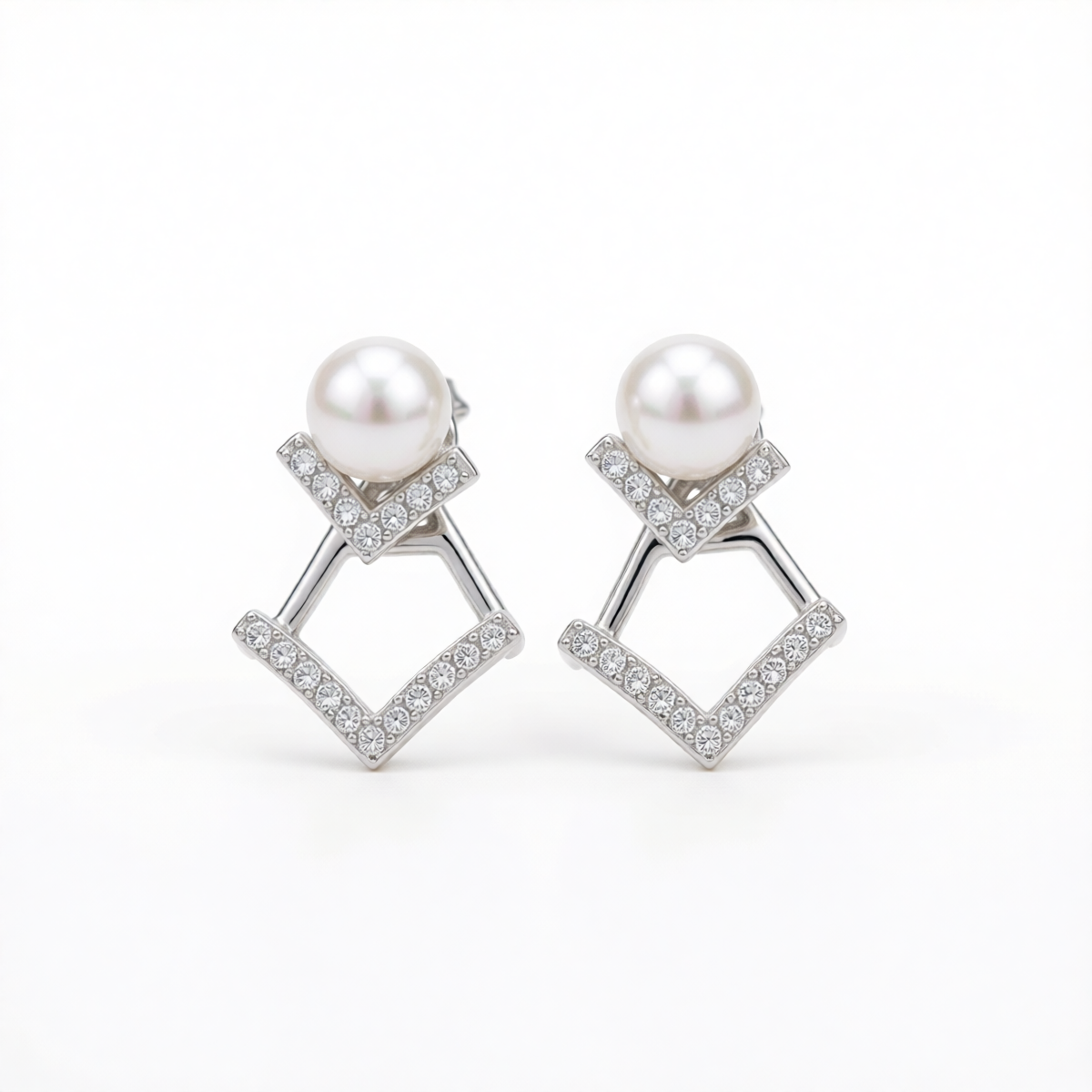 Pearl & Cubic Zirconia Silver-Plated Rhombus Ear Jackets