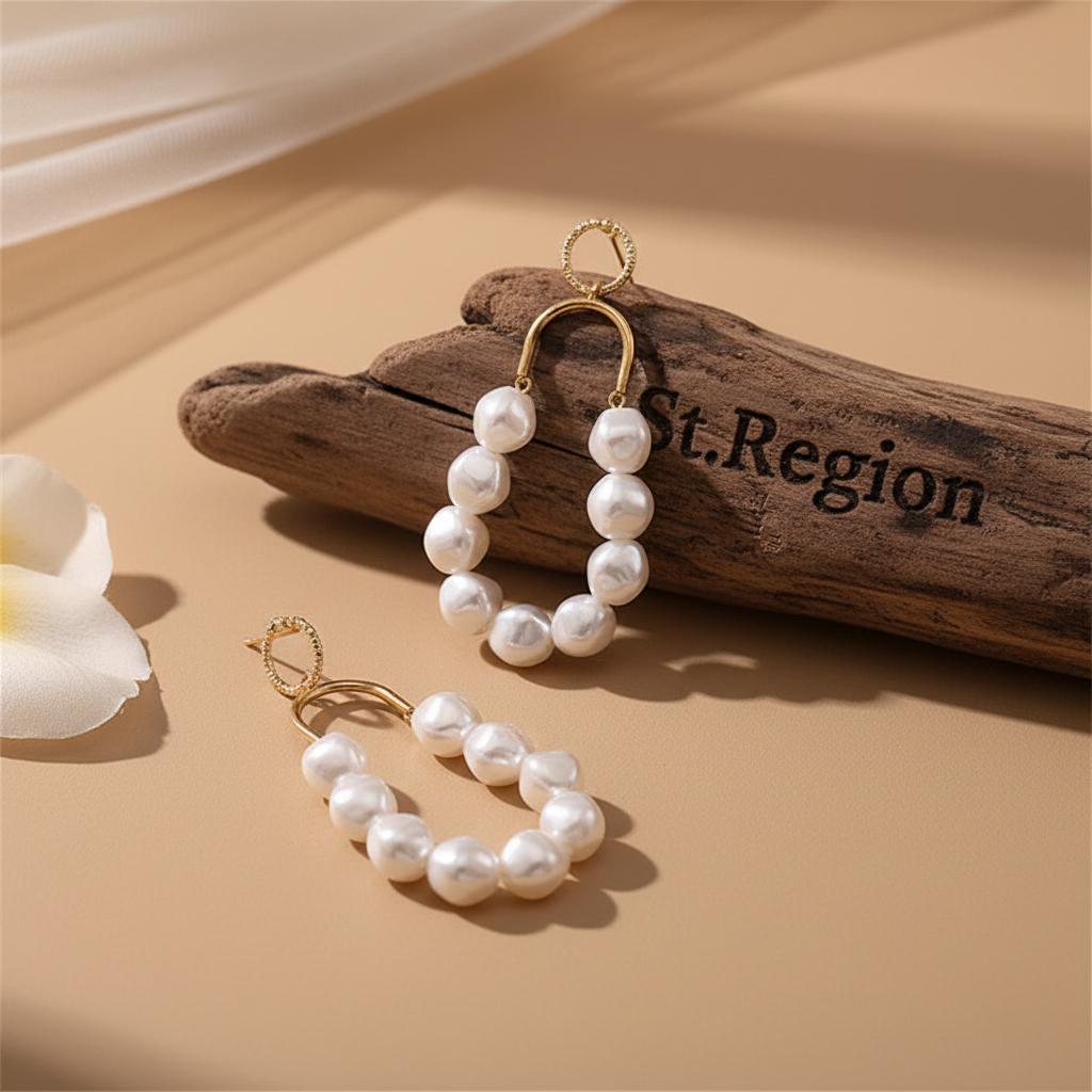 Pearl and 18K Gold-Plated Oval Drop Earrings, gold drop earrings for women, botanical inspired, front view