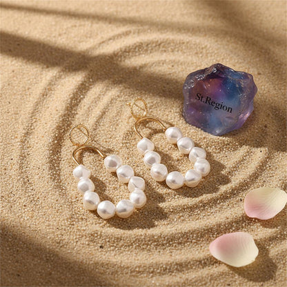 Pearl and 18K Gold-Plated Oval Drop Earrings, gold drop earrings for women, botanical inspired, detail close-up