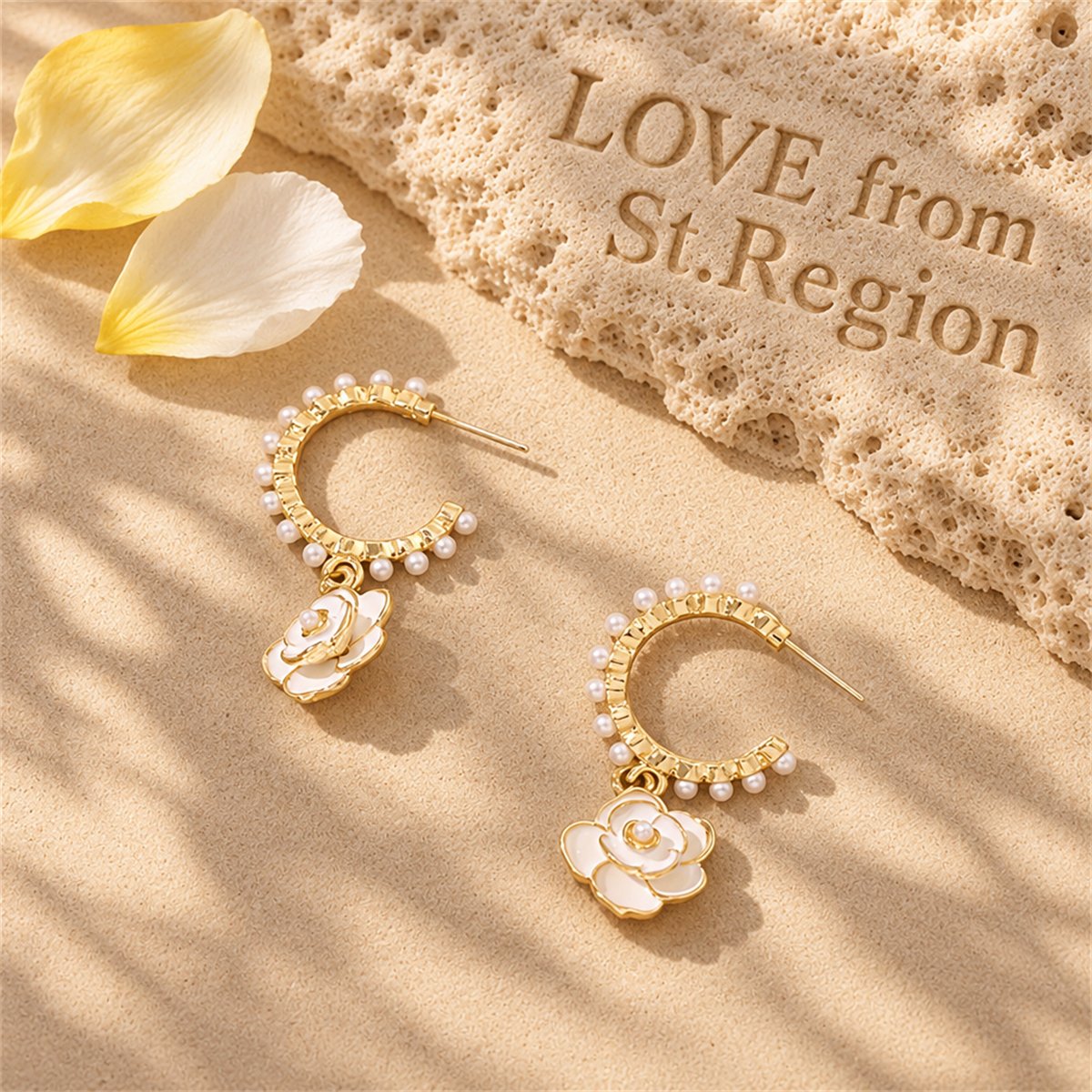 Pearl and White Enamel 18K Gold-Plated Flower Huggie Earrings, gold huggie earrings, elegant gift for her, lifestyle look