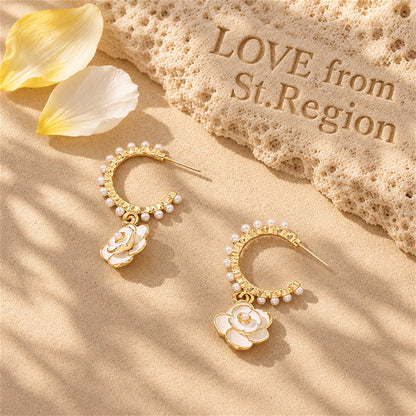 Pearl and White Enamel 18K Gold-Plated Flower Huggie Earrings, gold huggie earrings, elegant gift for her, lifestyle look