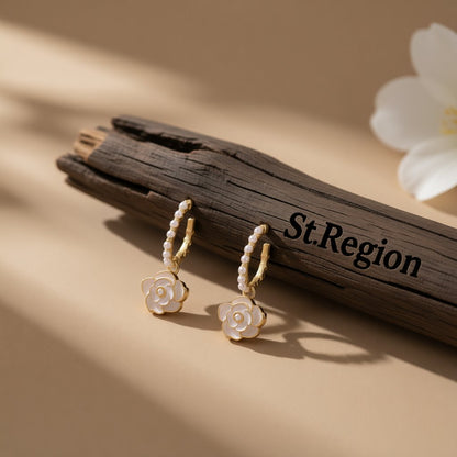 Pearl and White Enamel 18K Gold-Plated Flower Huggie Earrings, gold huggie earrings, elegant gift for her, front view