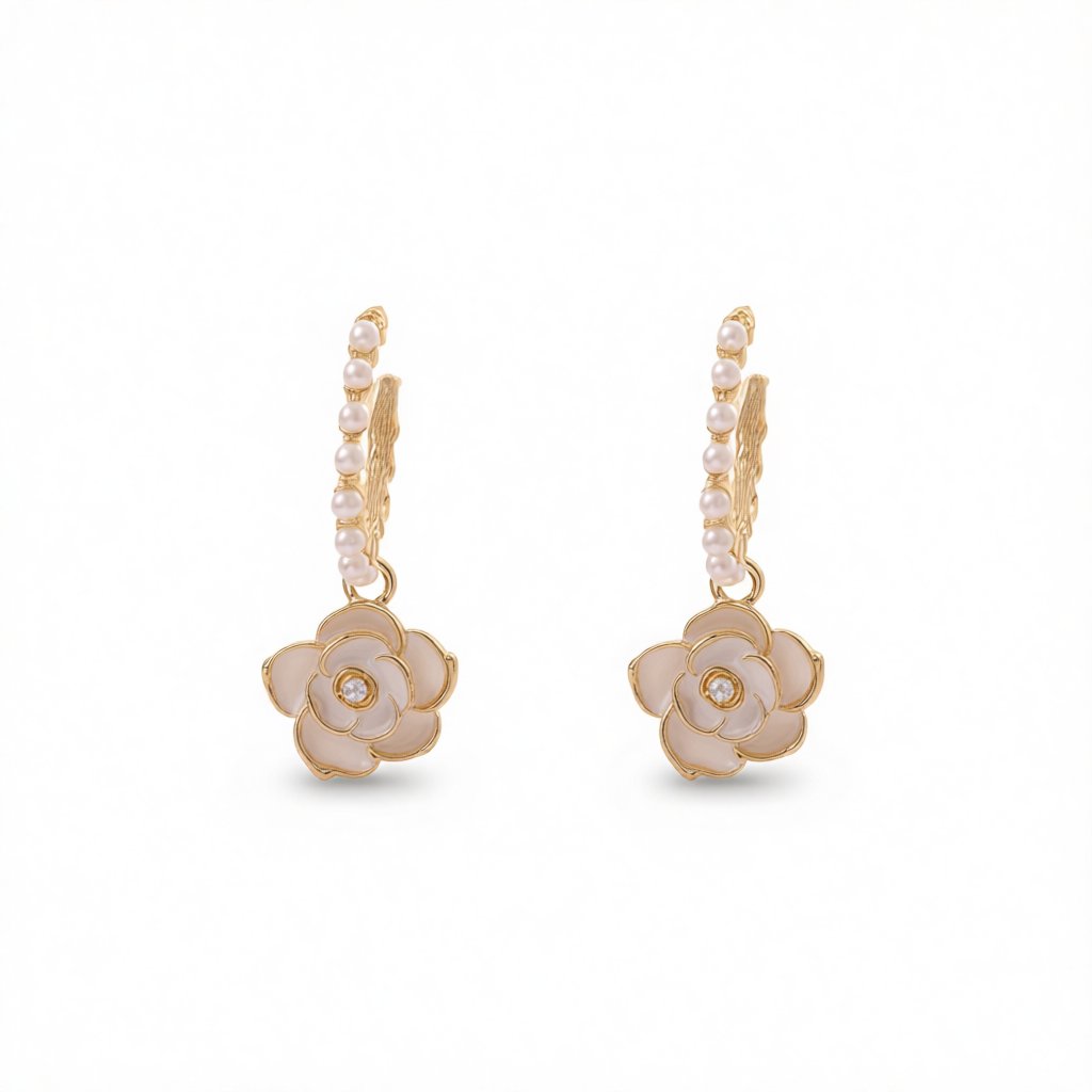 Pearl and White Enamel 18K Gold-Plated Flower Huggie Earrings, gold huggie earrings, elegant gift for her, side view