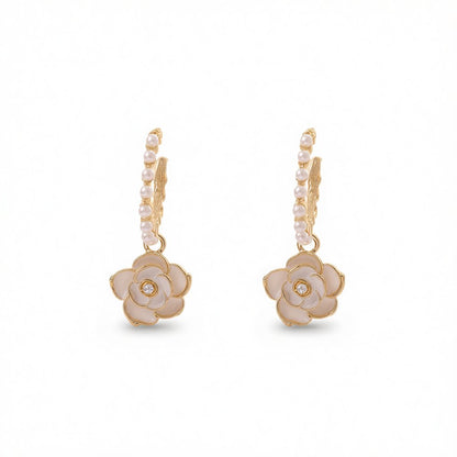 Pearl and White Enamel 18K Gold-Plated Flower Huggie Earrings, gold huggie earrings, elegant gift for her, side view