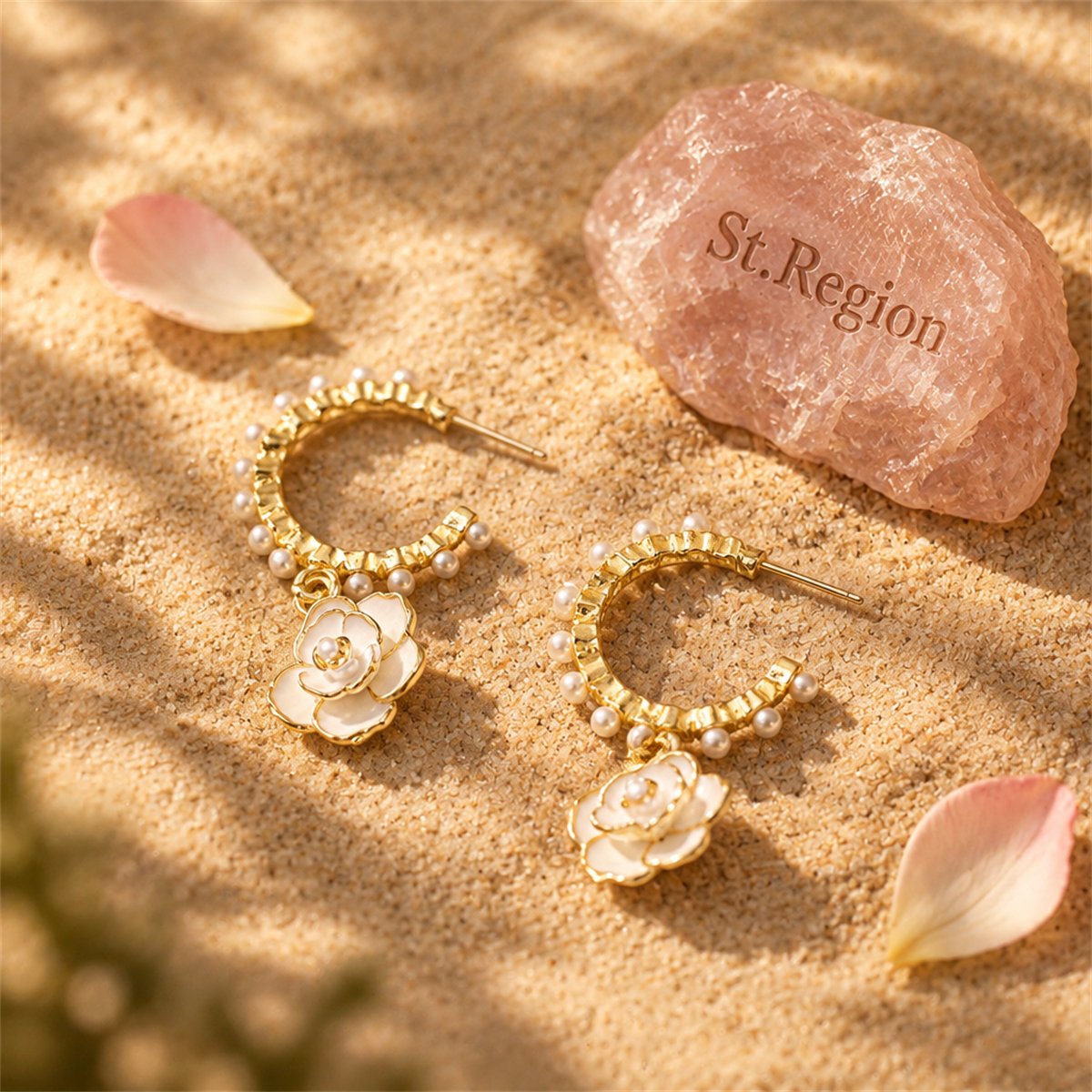 Pearl and White Enamel 18K Gold-Plated Flower Huggie Earrings, gold huggie earrings, elegant gift for her, detail close-up