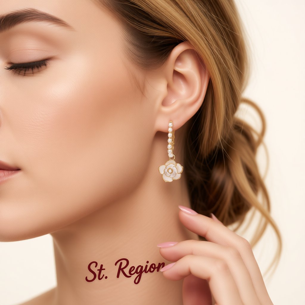 Pearl and White Enamel 18K Gold-Plated Flower Huggie Earrings, gold huggie earrings, elegant gift for her, styled look