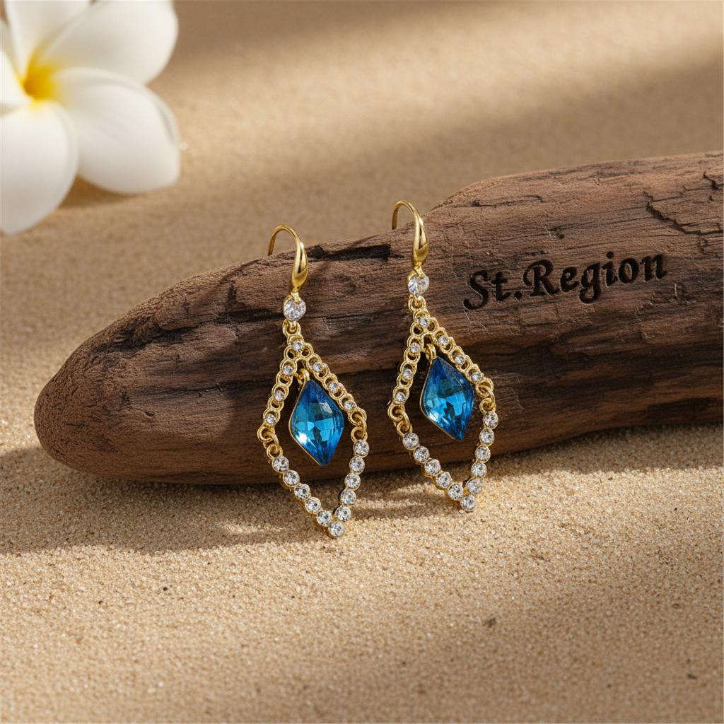 Blue Crystal and Cubic Zirconia Diamond Drop Earrings, drop earrings for women, botanical inspired, front view