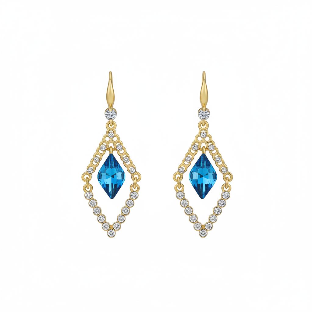 Blue Crystal and Cubic Zirconia Diamond Drop Earrings, drop earrings for women, botanical inspired, side view