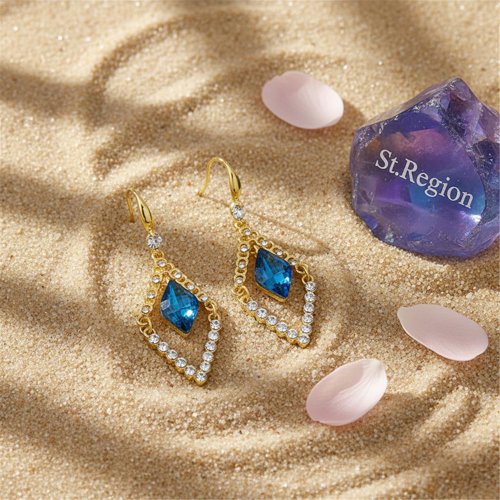Blue Crystal and Cubic Zirconia Diamond Drop Earrings, drop earrings for women, botanical inspired, detail close-up
