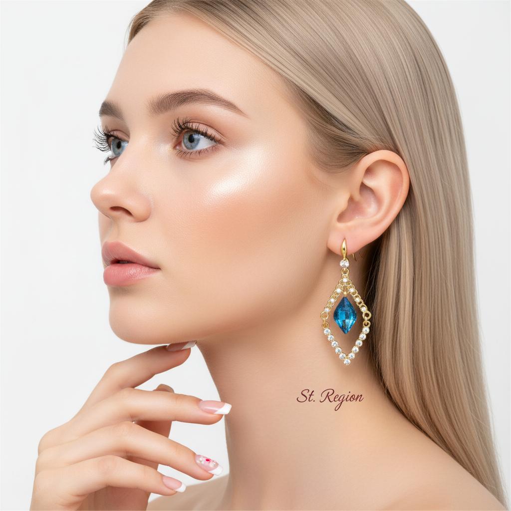 Blue Crystal and Cubic Zirconia Diamond Drop Earrings, drop earrings for women, botanical inspired, styled look