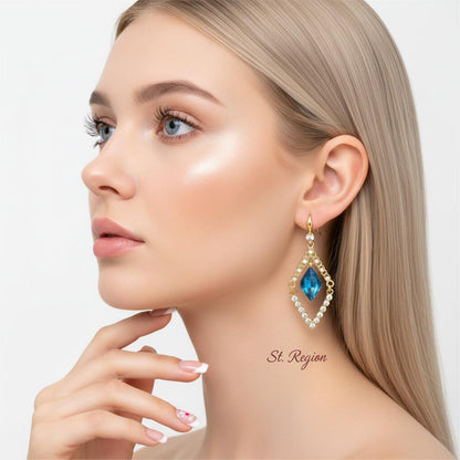 Blue Crystal and Cubic Zirconia Diamond Drop Earrings, drop earrings for women, botanical inspired, styled look