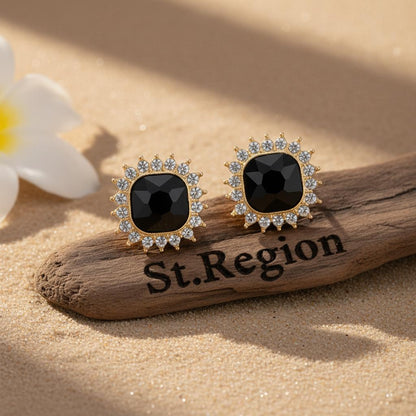 Black Crystal and 18K Gold-Plated Square Halo Stud Earrings, cubic zirconia stud earrings for women, front view