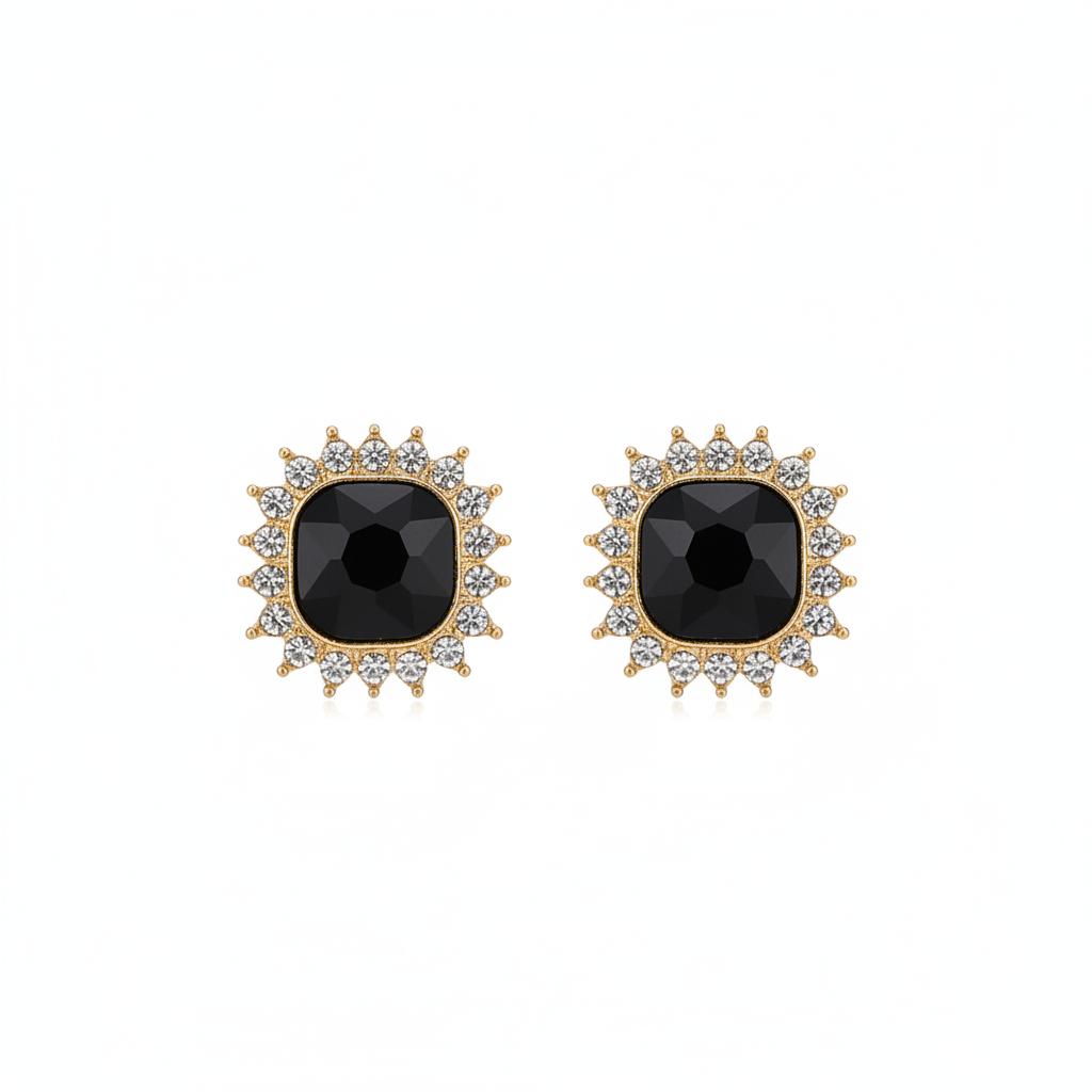 Black Crystal and 18K Gold-Plated Square Halo Stud Earrings, cubic zirconia stud earrings for women, side view
