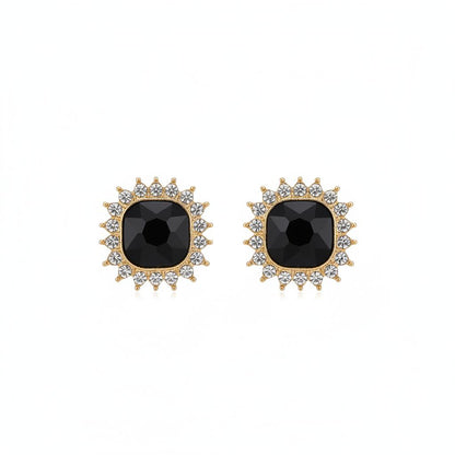 Black Crystal and 18K Gold-Plated Square Halo Stud Earrings, cubic zirconia stud earrings for women, side view