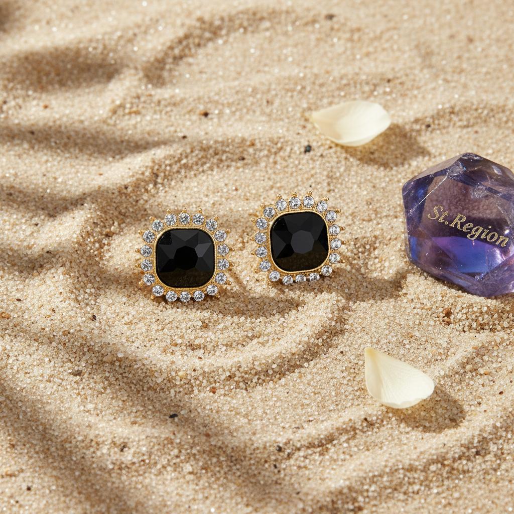 Black Crystal and 18K Gold-Plated Square Halo Stud Earrings, cubic zirconia stud earrings for women, detail close-up