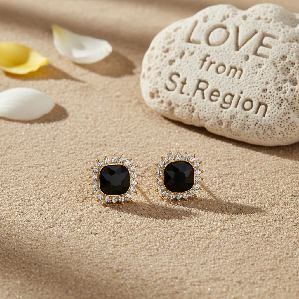 Black Crystal and 18K Gold-Plated Square Halo Stud Earrings, cubic zirconia stud earrings for women, lifestyle look