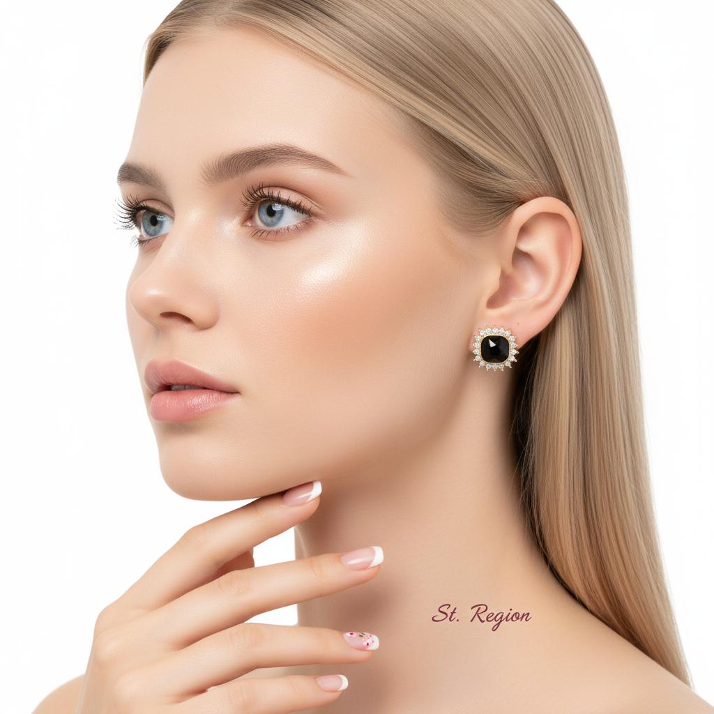 Black Crystal and 18K Gold-Plated Square Halo Stud Earrings, cubic zirconia stud earrings for women, styled look