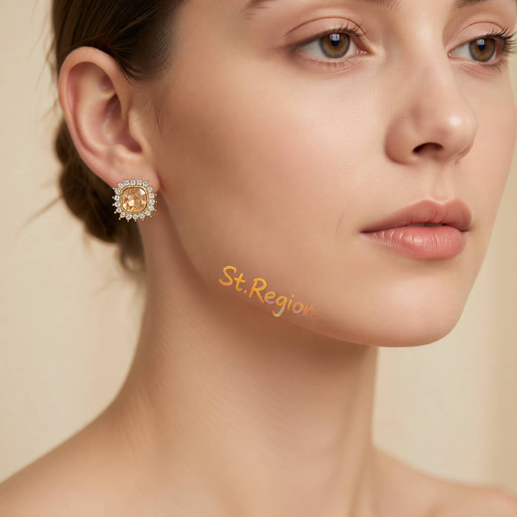 Champagne Crystal & 18K Gold-Plated Square Halo Stud Earrings