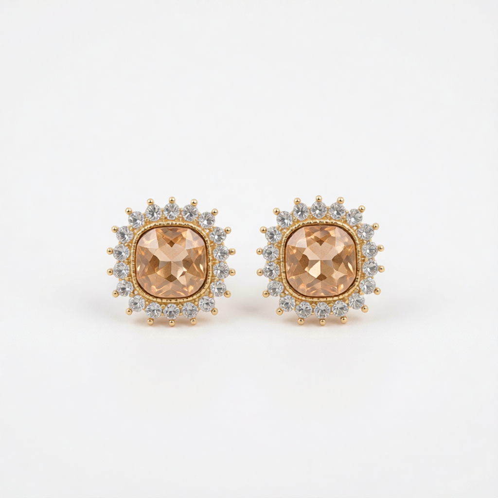 Champagne Crystal & 18K Gold-Plated Square Halo Stud Earrings