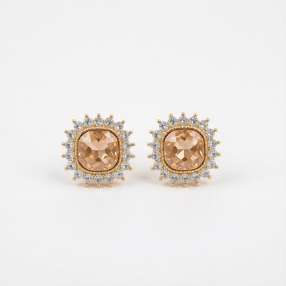 Champagne Crystal & 18K Gold-Plated Square Halo Stud Earrings