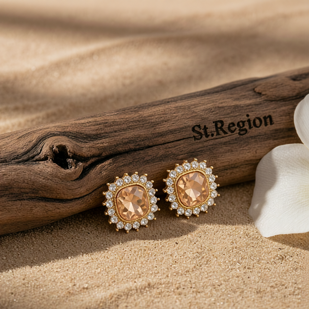 Champagne Crystal & 18K Gold-Plated Square Halo Stud Earrings