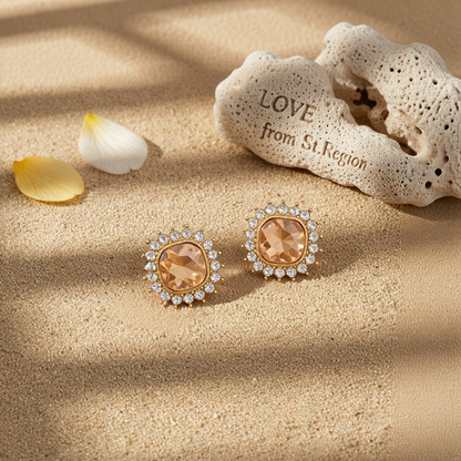 Champagne Crystal & 18K Gold-Plated Square Halo Stud Earrings