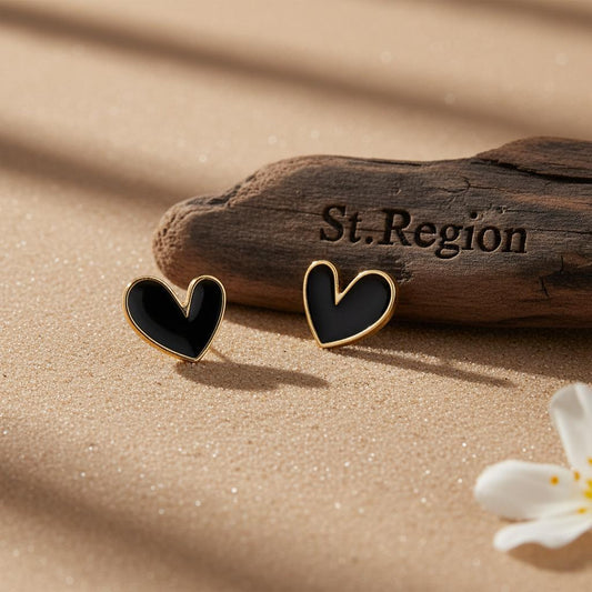 Black Enamel & 18K Gold-Plated Heart Stud Earrings