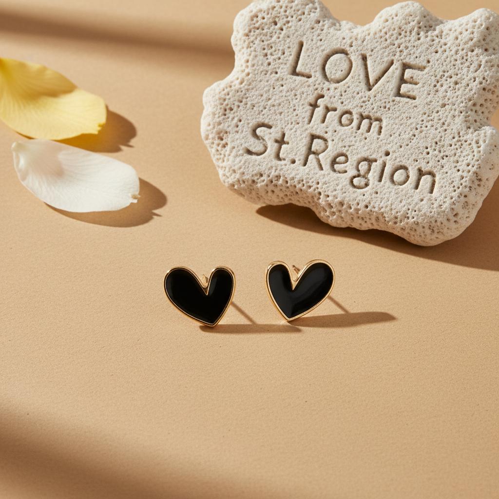 Black Enamel and 18K Gold-Plated Heart Stud Earrings, cubic zirconia stud earrings for women, lifestyle look