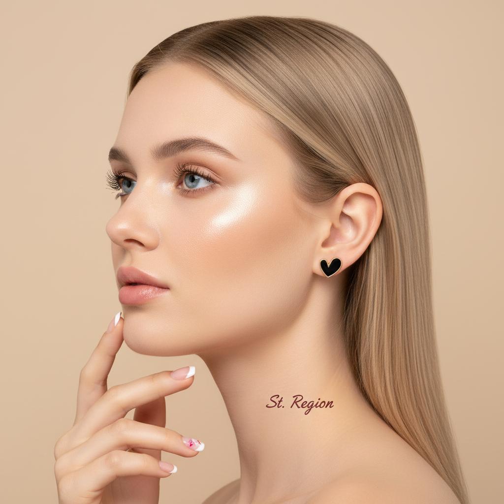 Black Enamel and 18K Gold-Plated Heart Stud Earrings, cubic zirconia stud earrings for women, styled look