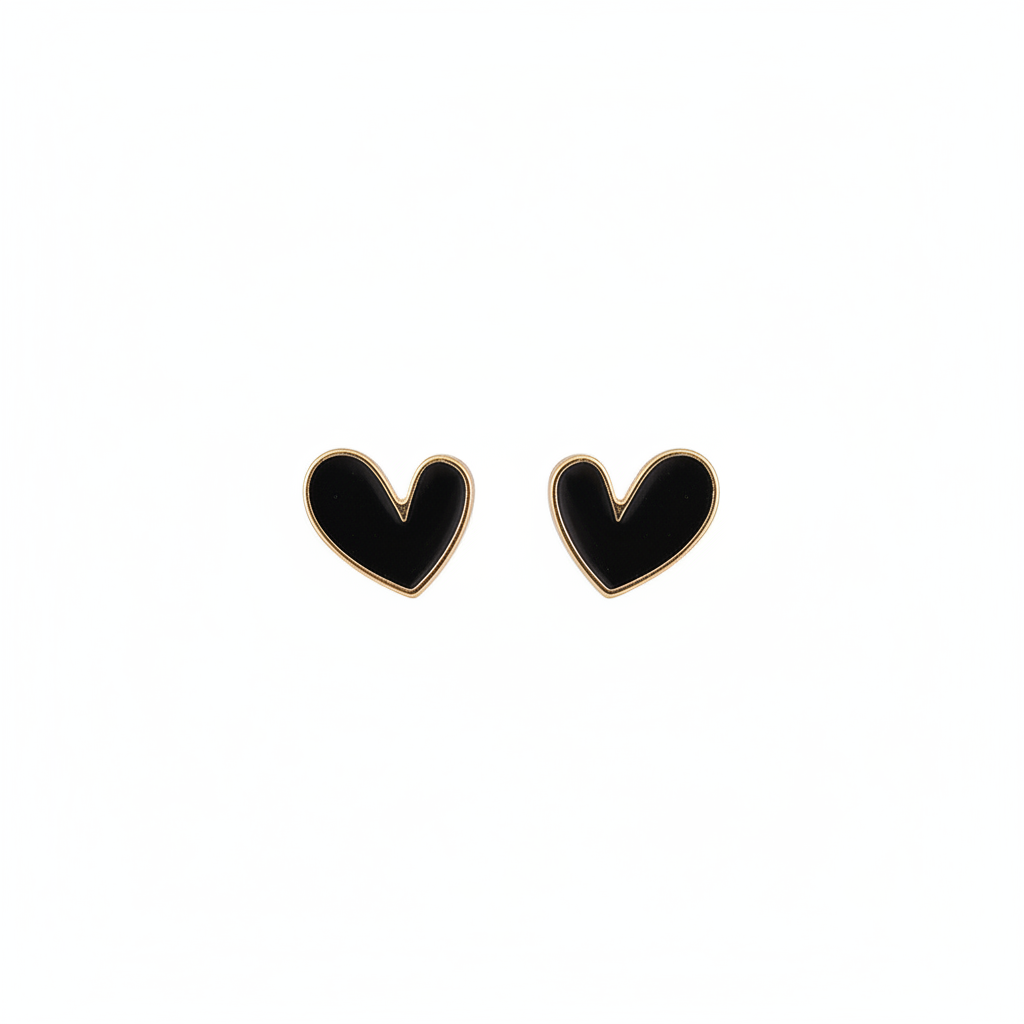 Black Enamel & 18K Gold-Plated Heart Stud Earrings - Street Region