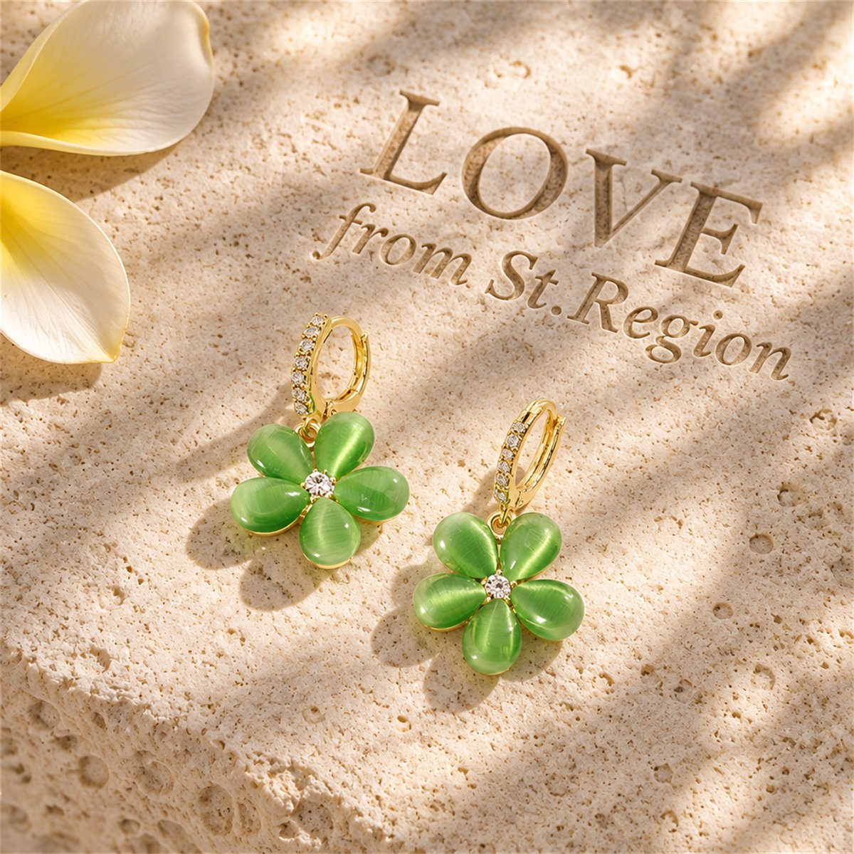 Green Cat's Eye and Cubic Zirconia Flower Huggie Earrings, huggie earrings, vintage-inspired design, lifestyle look