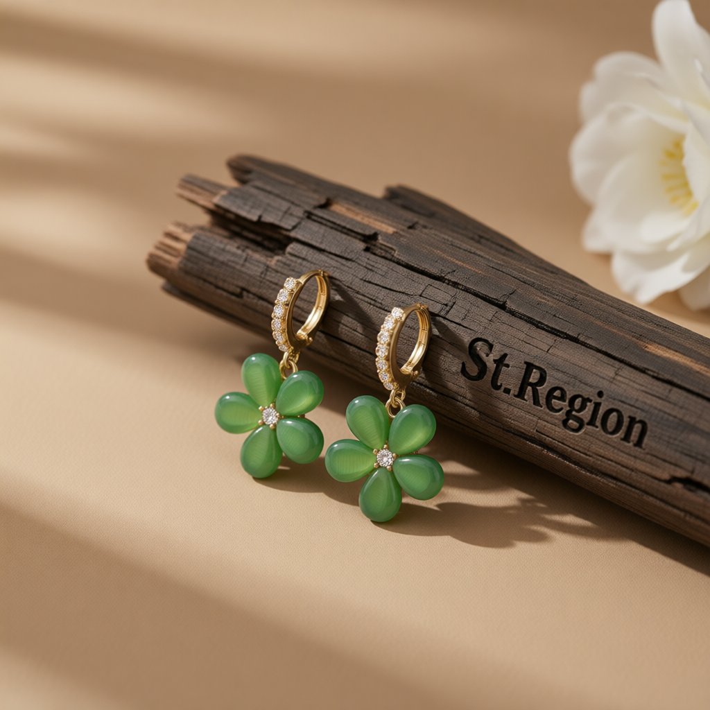 Green Cat's Eye and Cubic Zirconia Flower Huggie Earrings, huggie earrings, vintage-inspired design, front view