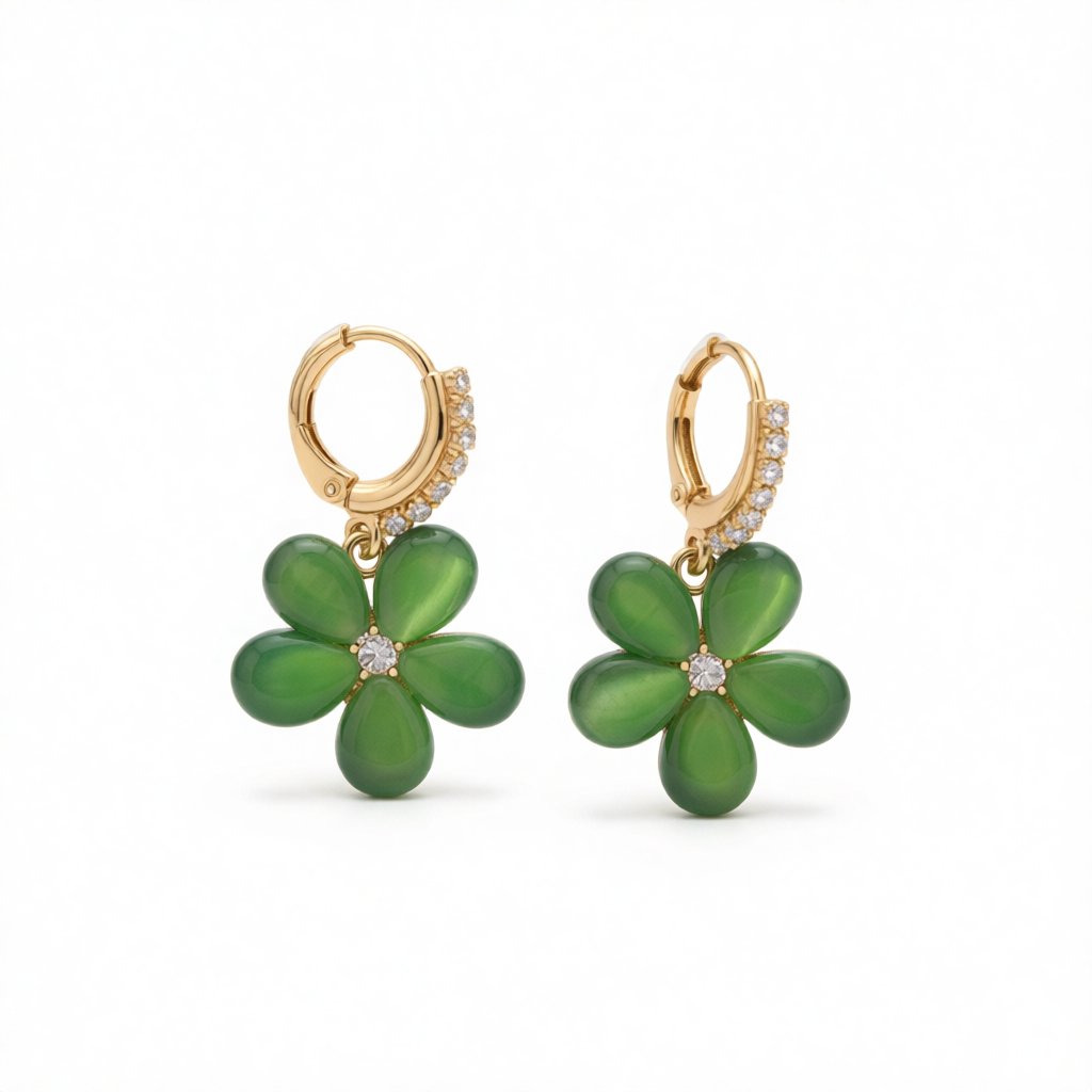 Green Cat's Eye and Cubic Zirconia Flower Huggie Earrings, huggie earrings, vintage-inspired design, side view