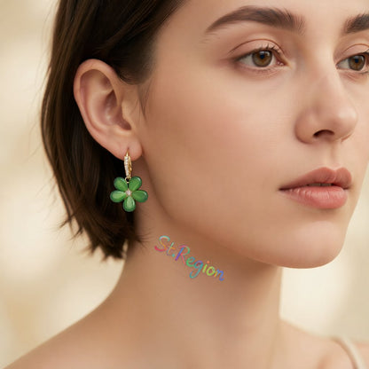 Green Cat's Eye and Cubic Zirconia Flower Huggie Earrings, huggie earrings, vintage-inspired design, styled look