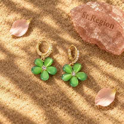 Green Cat's Eye and Cubic Zirconia Flower Huggie Earrings, huggie earrings, vintage-inspired design, detail close-up