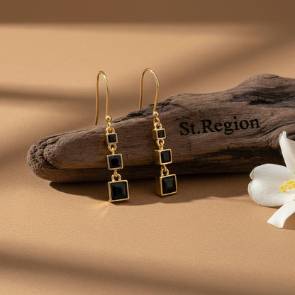 Black Enamel and 18K Gold-Plated Linked Cube Drop Earrings, gold drop earrings for women, vintage-inspired design, front view
