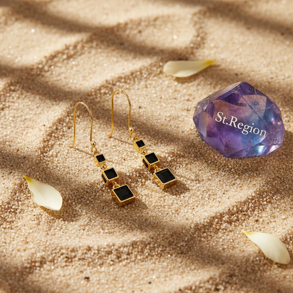 Black Enamel and 18K Gold-Plated Linked Cube Drop Earrings, gold drop earrings for women, detail close-up