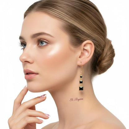 Black Enamel and 18K Gold-Plated Linked Cube Drop Earrings, gold drop earrings for women, styled look