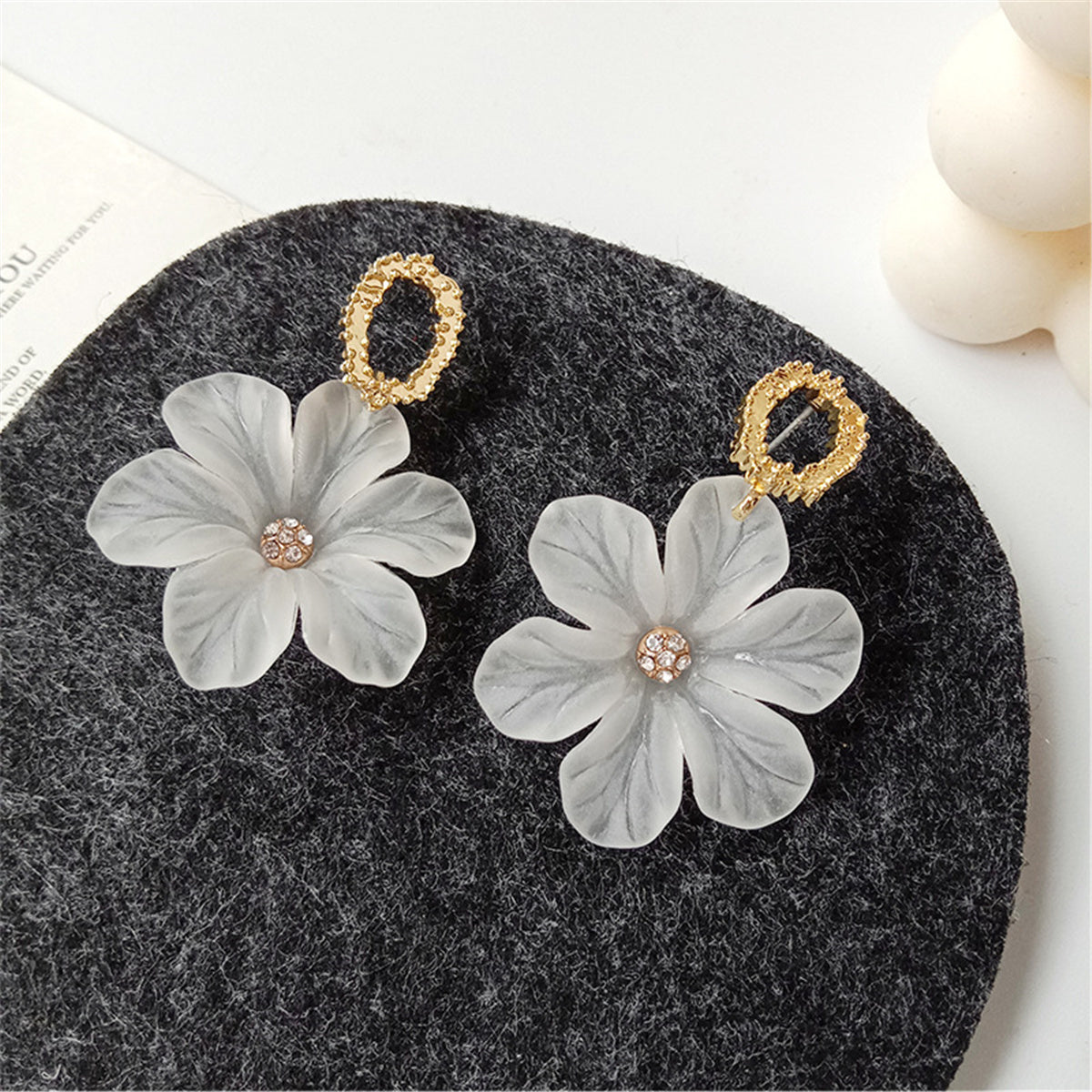 Cubic Zirconia and Acrylic 18K Gold-Plated Flower Drop Earrings, gold drop earrings for women, detail close-up