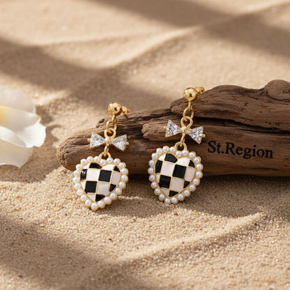 Black Enamel & Pearl 18K Gold-Plated Crystal-Accent Bow Heart Drop Earrings