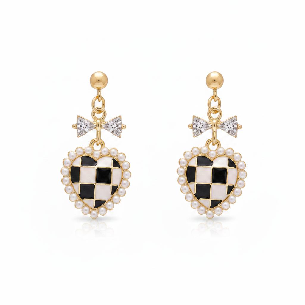 Black Enamel & Pearl 18K Gold-Plated Crystal-Accent Bow Heart Drop Earrings
