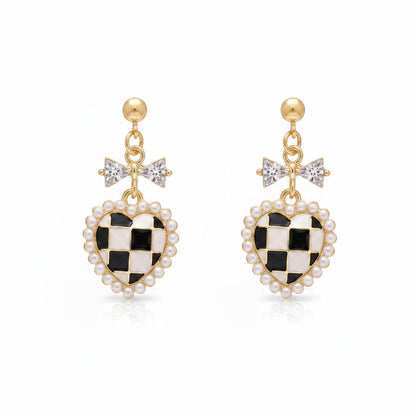 Black Enamel & Pearl 18K Gold-Plated Crystal-Accent Bow Heart Drop Earrings
