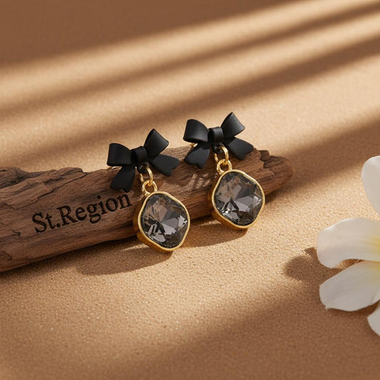 Black Crystal & 18K Gold-Plated Bow Diamond Drop Earrings