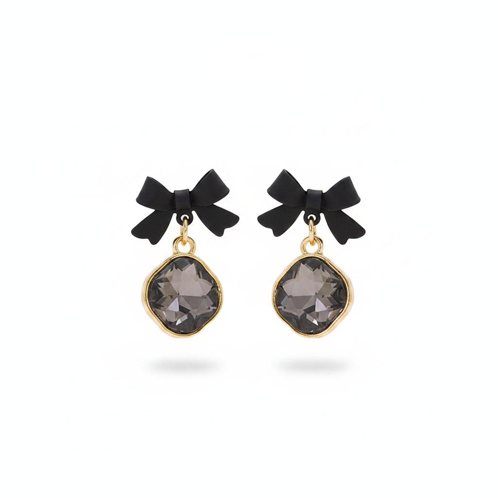 Black Crystal and 18K Gold-Plated Bow Diamond Drop Earrings, gold drop earrings for women, vintage-inspired design, side view