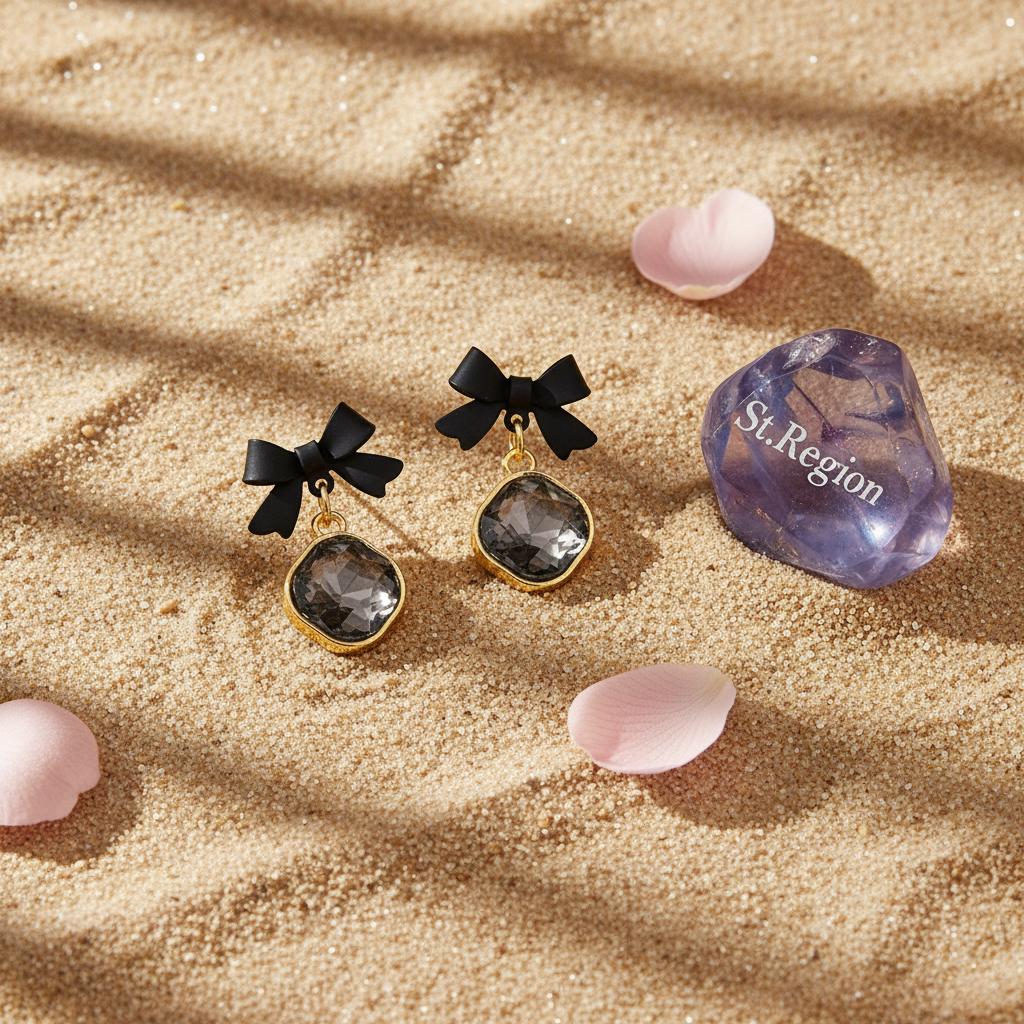 Black Crystal and 18K Gold-Plated Bow Diamond Drop Earrings, gold drop earrings for women, detail close-up
